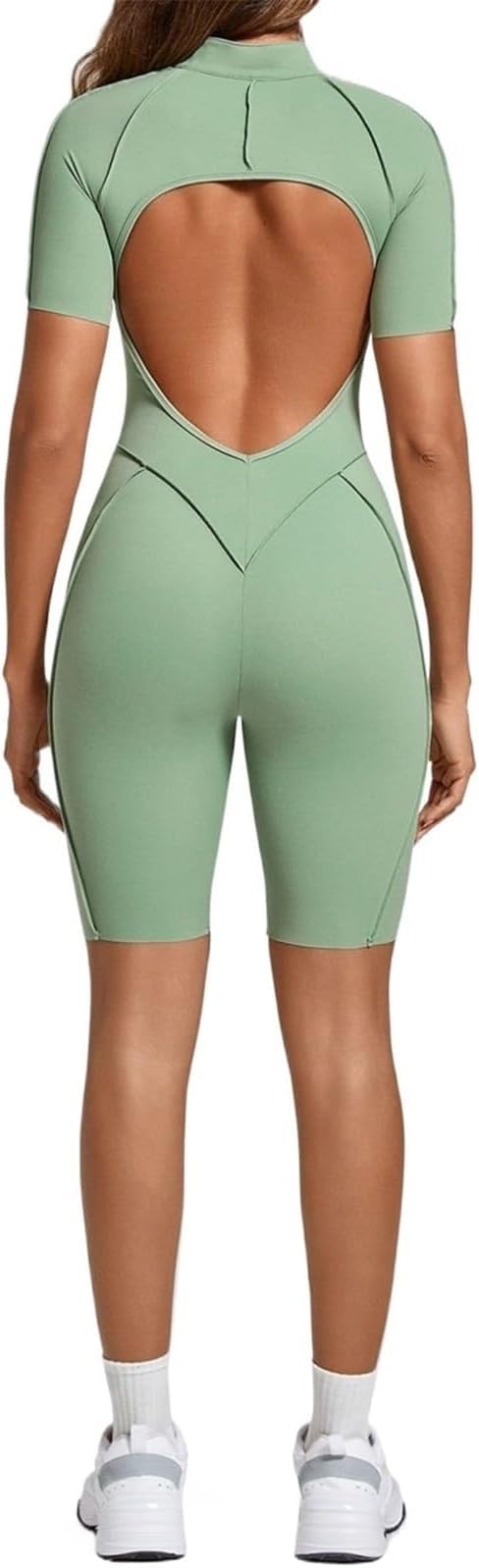 Tuta da Allenamento Gialla da Donna con Zip, Senza Schienale, Tuta Corta da Palestra, Corpo Intero a Maniche Corte, Body per Yoga Atletico