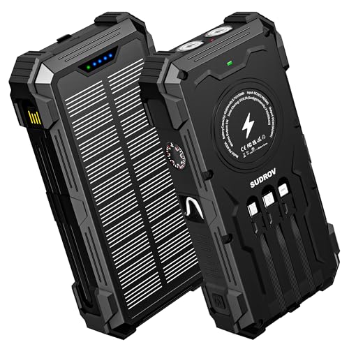 Sudrov Solar Charger Power Bank, 42800mAh Wireless Portable Charger with USB-C in/Output, QC3.0 Fast Charging 15W 4 Ports Outdoor Battery Pack Built-in Dual Led Flashlights for iPhone Samsung etc