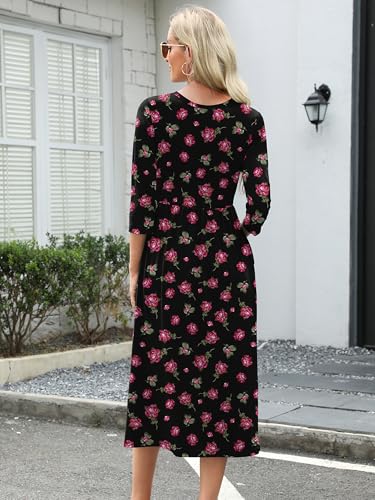 Image of Heymoments Women's Casual 3 /4 Sleeve Midi Dress Crewneck A Line Tiered Flowy Loose Travel Long Dresses with Pockets