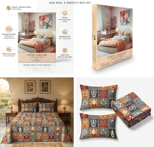 Image of VAS COLLECTIONS 240 TC Cotton Double Bedsheet with 2 Pillow Covers (90x100 Inch) Soft Breathable Skin Friendly Jaipuri Printed King Size Bedding Set for Bedroom Decor (Char Bagh Print)