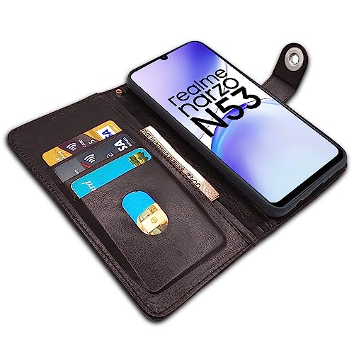 Image of Pikkme Realme Narzo N53 Flip Cover Leather Finish | Inside TPU with Card Pockets | Wallet Stand and Shock Proof | Complete Protection Button Flip Case (Coffee)