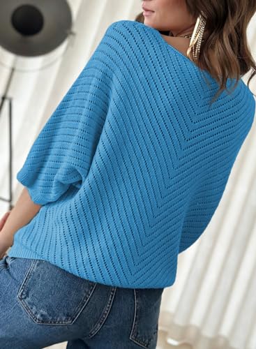 Image of Dokotoo Women's Spring Fall Fashion 2026 V Neck 3 /4 Short Sleeve Pullover Sweaters Loose Solid Color Jumper Knitted Casual Tunic Tops Blue Medium