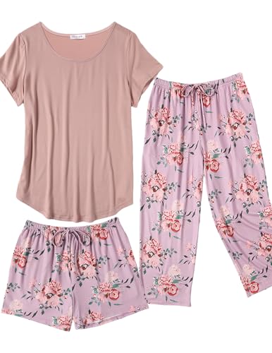 Ekouaer 3 PCS Capri Pajamas for Women Set Short Sleeve Pajama Sets Floral Pj Sets Soft Sleepwear with Pockets