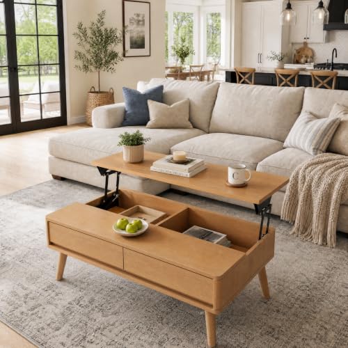 Image of Solid Oak Wood Lift Top Coffee Table for Living Room, Fully-Assembled