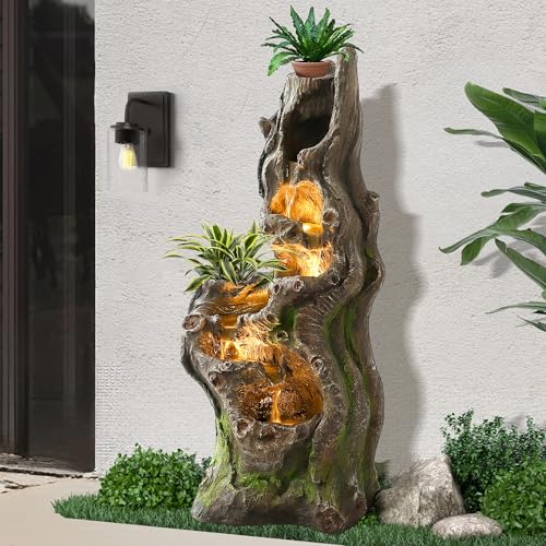 Dephet 40" H Garden Water Fountain Outdoor, 6-Tiers Large Cascading Tree Trunk Waterfall Fountain with Lights, Indoor Freestanding Resin Water Feature for Patio, Backyard Deck, Porch and Home Decor