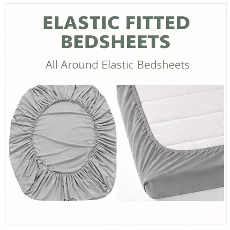 Image of THEA Elastic Fitted Double Bedsheet Set| 100% Cotton Like Soft Fabric | Double Bedsheet for Double Bed (72 X 78 x 6 inches) with 2 Pillow covers,Silver Ripple