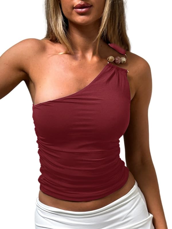 Sukiglam Camiseta Sin Mangas Mujer Verano Camisetas con Cuello Asimétrico Elegante Hombros Descubiertos Crop Tank Top Y2K Shirt Elástico Fruncido Sexy Ajustado Blusa de Fiesta Moda Streetwear