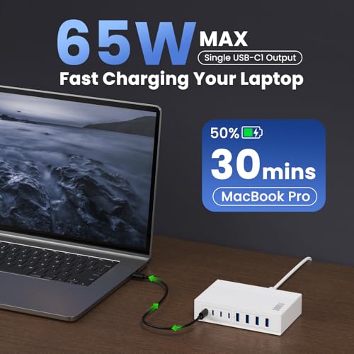 200W USB C Charger Block, 8-in-1 GaN III USB C Charger Fast Charging Station Hub, PD 65W Laptop Charger Adapter Travel Charger, for MacBook Pro/Air/Dell XPS/iPhone 15/14/iPad/Galaxy S24 etc. (White)
