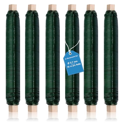 Qiareoiu 6X Blumendraht grün, 0,7mm Basteldraht, 35 m pro Rolle Floristendraht, Bindedraht grün, Wickeldraht lose auf Holzwickel zur Befestigung von Blumen und Pflanzen, Bindedraht Garten