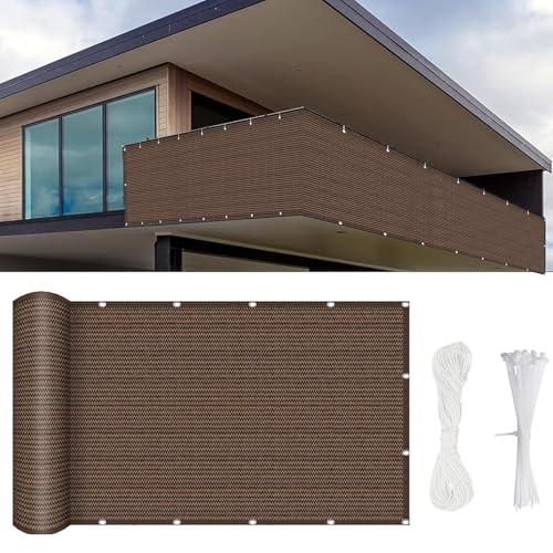 Balkon Sichtschutz Ohne Bohren 650 x 50 cm Blickdichte Wind Uv-Schutz, Balkonabdeckung Draußen Zaunblende, mit Kabelbinder Und Kordel, für Camping Swimming Pool, Braun