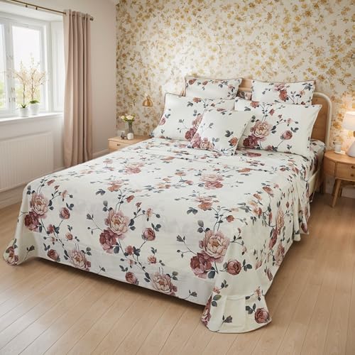 Image of FADFAY Sheets Set Twin XL Shabby Beige Floral Bedding Elegant Peony Sheets Set Vintage Flower Bedding Collections 800 Thread Count 100% Egyptian Cotton Deep Pocket Fitted Sheet, 4Pcs-Twin XL Size