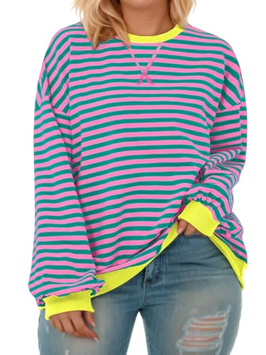 Image of ROSRISS Womens-Plus-Size-Oversized-Sweatshirts Striped Colorblock Long Sleeve Shirts Casual Crewneck Pullover Sweaters XL-5XL