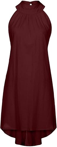 Miniatura 8 de Ruziyoog Vestidos de verano para mujer, estilo casual, cuello halter, sin mangas, vestido de playa, vestido corto, liso, con vuelo