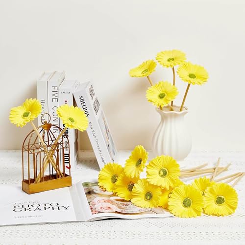 Image of CURATED CART Gerbera Daisy Flowers - Pack of 5 Yellow Faux Blooms, 30cm Tall | Real Touch PU Petals with Bendable Green Stems | Artificial Flower Bouquet for Home, Kitchen, Office (Yellow) (No Vase)