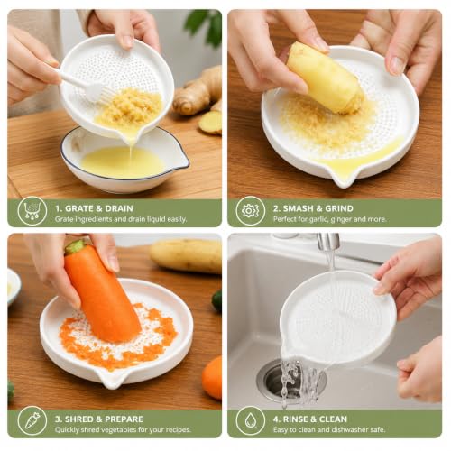 Image of Homeze Premium Ceramic Garlic Grater Plate with Cleaning Brush | Easy Clean Ginger Grinder & Garlic Crusher for Kitchen | Non-Slip Durable Grating Dish