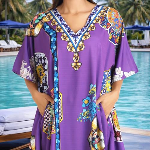 Image of Miss Lavish London Purple Kaftan Dresses for Women V Neck Batwing Sleeve Beach Vacation Bikini Swimsuit Cover Ups, Ethnic Print Plus Size Dubai Caftan Maxi Dress with Side Slits-Purple-S