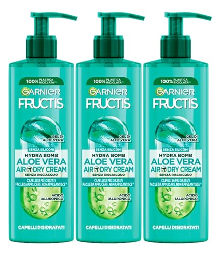 Garnier Fructis Aloe Vera Air-Dry Cream Anti-Frizz-Behandlung, feuchtigkeitsspendend, ohne Spülen für normales bis dehydriertes Haar, 3 Flaschen à 400 ml