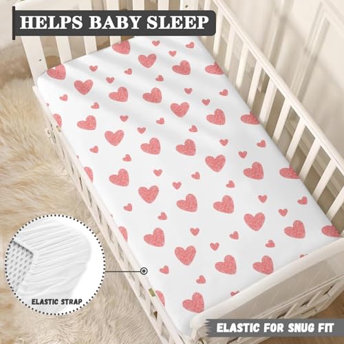 Image of Hearts Baby Crib Sheets for Boys Girls Pink Fitted Crib Sheet for Standard Crib and Toddler Mattress Cute Heart Baby Mattress Sheets Toddler Bed Sheet 52x28x8 in