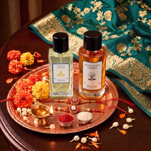 Image of PROUSTFRAGRANCES Hennessey Smoke 100ml Raksha Bandhan Fragrance Gift Set | Amalfi Coast EDP 50ml, 2 Rakhis & 1 Fragrance Tester included | Premium festive combo with smoky leather & fresh notes