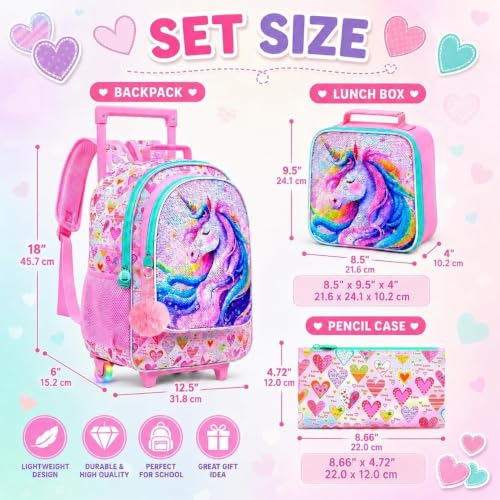 Image of CCJPX 3Pcs Unicorn Rolling Backpack for Girls, 18 inch Kids Glow Wheels Bookbag with Lunch Box, Lightweight Roller School Bag for Elementary Preschool (Pink)