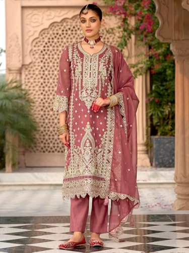 Image of INDO ERA Women's Organza Embroidered Straight Kurta and Pant with Dupatta Set (IEOUT10606)