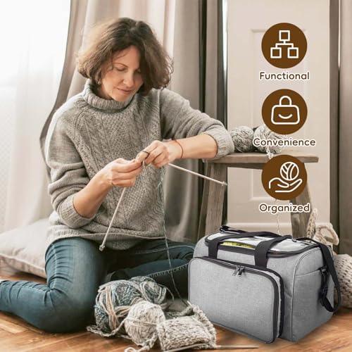 Image of Knitting Bag, Large Capacity Yarn Storage Organizer Tote Bag with Compartments and Pockets for Knitting Needles, Crochet Hooks, Knitting Project and Accessories, Bag Only, Grey