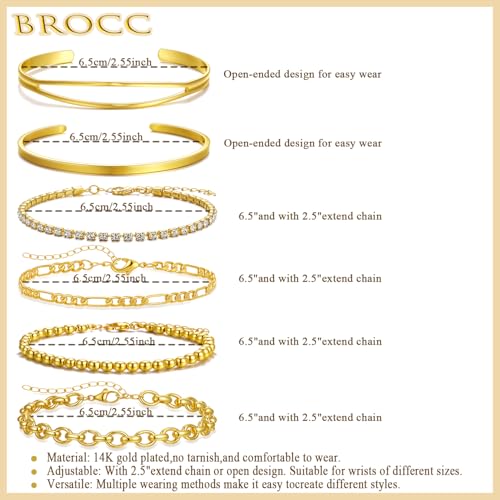 BROCC 6PCS Gold Bracelets for women 14K Gold Bangle Stack Adjustable Trendy Cuff Bracelets Gold Filled Stacks Bangles Link Chain Bracelets Collection Jewelry sets2