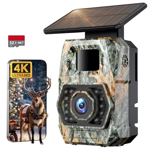 Trail Camera Sends Pictures to Cell Phone, 60MP 4K Game Camera 0.1s Trigger, Solar Trail Camera with 5200mAh Battery, IP66 Waterproof with 32GB SD Card, Trail Cam for Outdoor Wildlife Detection