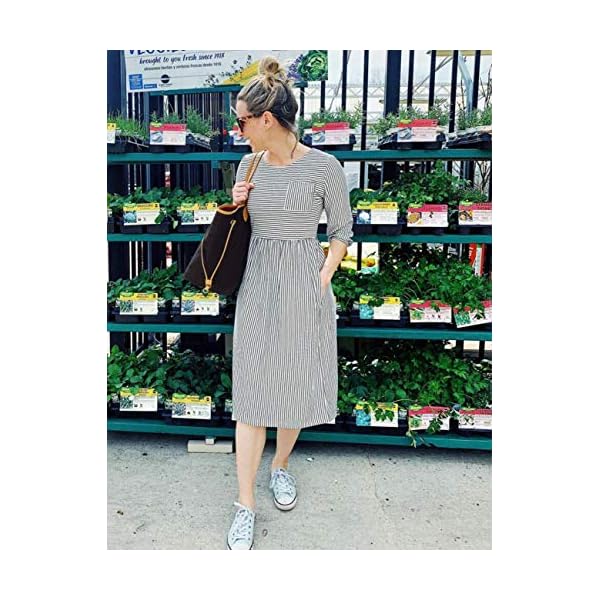 MEROKEETY-Womens-34-Balloon-Sleeve-Striped-High-Waist-T-Shirt-Midi-Dress MEROKEETY Women's 3/4 Balloon Sleeve Striped High Waist T Shirt Midi Dress