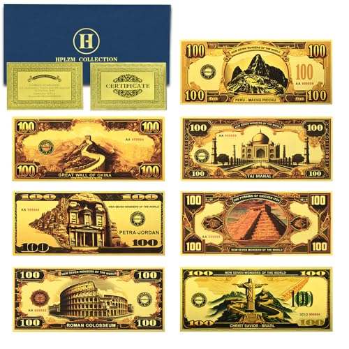 Mercollection 7pc/Set Seven Wonders of The World Gold Foil Banknote Pyramid,Christ Like, Taj Mahal,Great Wall, 100 Dollar Plastic Money Gift