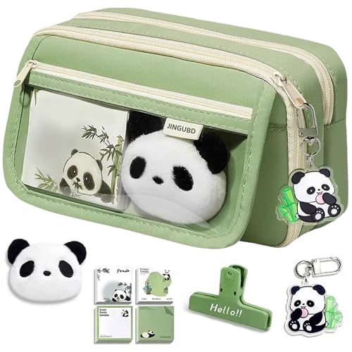 YGCHEN Estuche Panda Estuches de Lápices Infantil Papelería Caja Verde Gran Capacidad Estuche de Lápices Estudiantes Bolsa de Lápiz con Llavero, Broche, Notas Adhesivas, Bulldog Clip
