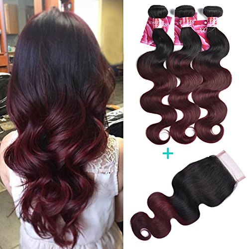 XCCOCO Hair Black to Wine Red Ombre Two Tone Body Wave Hair 3 Bundles with 4”X4” Lace Frontal Brazilian Body Wave Virgin Lace Closure and Hair Bundles (T1B/99J,20"22"24"+18")