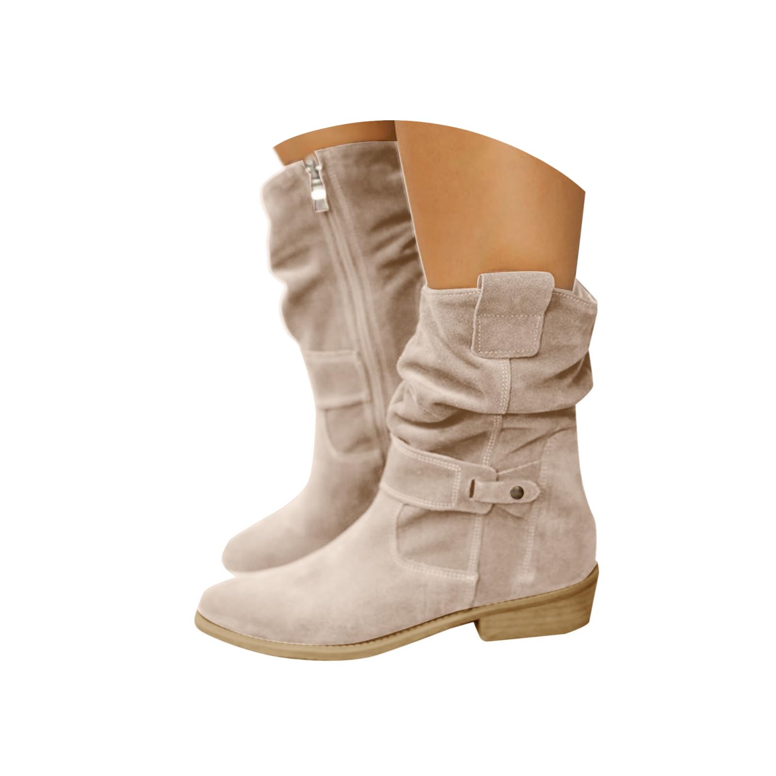 Womens Wide Width Ankle Boots Low Heel Slouchy Mid Calf Booties Cowboy Cowgirl Casual Round Toe Boots with