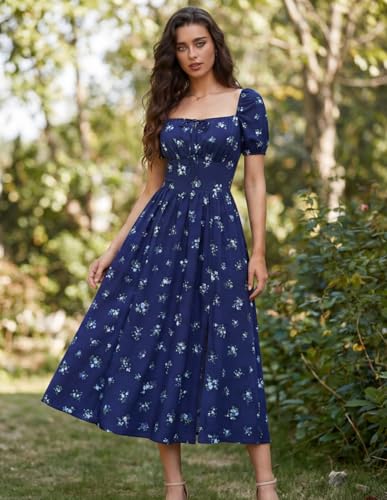 Image of Scarlet Darkness Summer Spring Split Floral Corset Midi Dress with Pockets | Floral dress with elastic sleeves, tie square neck, smocked back, 3 boned waist, left zip, side pockets, front thigh slit