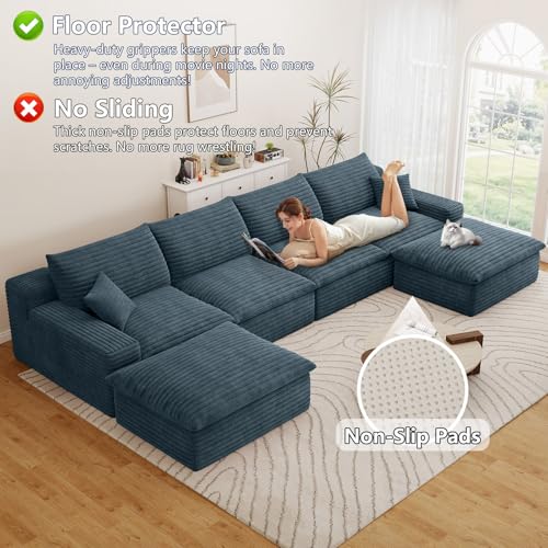 Image of 136 inch Cloud Couch Modular Sectional Sofa for Living Room, U-Shape Boneless Couch with Deep Seat, Modern Corduroy 4-Seater with Ottomans, No Assembly Required, Blue
