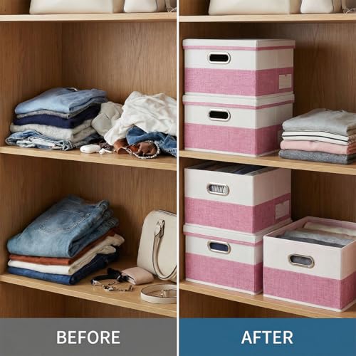 Image of PRANDOM Storage Bins with Lids [3-Pack] Linen Fabric Foldable Storage Boxes Organizer Containers Baskets Cube with Cover for Bedroom Closet Office Pink&White（11.4X8.6X6.7