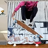 NODATE Duschvorhang 180x180 cm Skateboard Fahren Shower Curtains Teenager 3D Duschvorhang Antischimmel Skateboard Fahren Wasserdicht Textil Waschbar Duschvorhänge für Badezimmer Badewannen