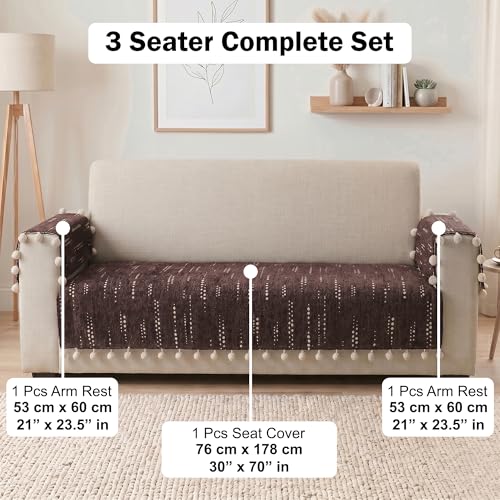 Image of Story@Home Chenille Sofa Mat 76x178Cm & Arm Rest Covers | Anti Slip 3 Seater Sofa Cover for 1 /2 /3 Seater & L Shape Sofa Cover | Measure Your Sofa & Create Your Own Custom Set - Mocha & Ivory