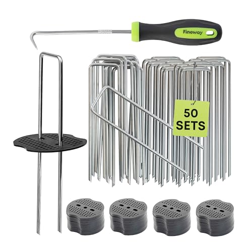 Fineway 50 Weed Membrane Pegs - Heavy Duty Galvanised Steel with Ground Hook Tool & Buffer Washers - Rustproof Grass Pegs for Weed Membrane Garden Membrane Pegs for Landscape Fabric Outdoor Use