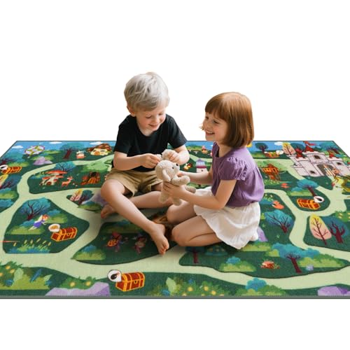 LIVEBOX Washable Kids Carpet Playmat Rug for Boys Play Room, Baby Fun Learning Road Rug for Kids Baby Toddler, Non-Slip Forest Road Rugs for Toddler Room Bedroom Classroom, 79