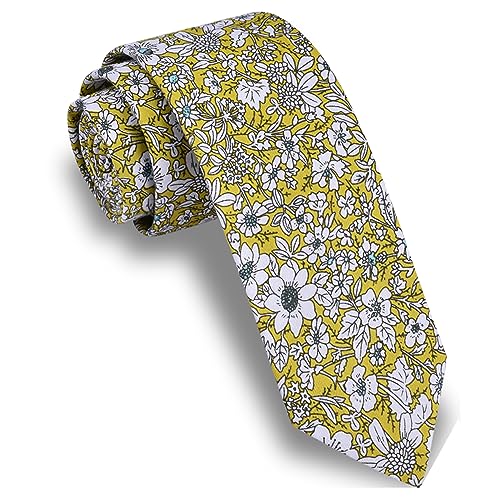 Image of GUSLESON Fashion 2.4 inch（6cm） Floral Skinny Tie for Men Slim Flower Print Cotton Necktie for Wedding Party