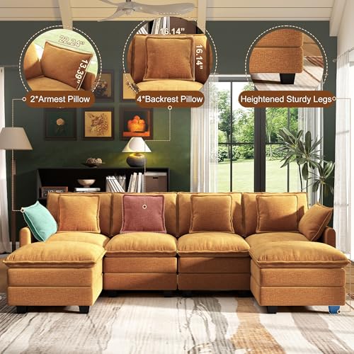 Image of Hanherry 107 inch Cloud Couch Sectional Modular Sofa, Deep Seat Couches with Ottoman and Removable Washable Pillows for Living Room, Bedroom, Apartment, Orange
