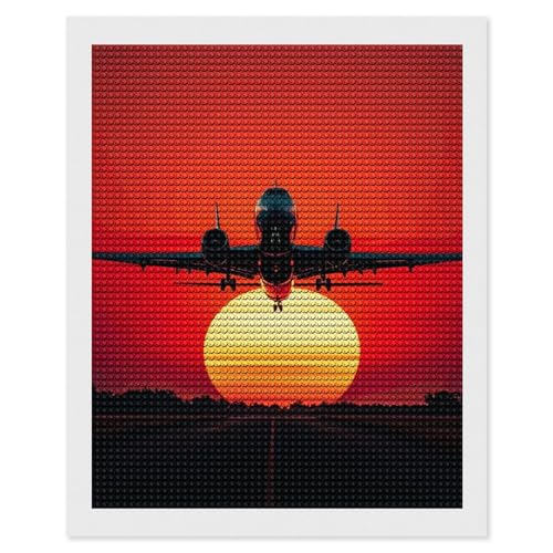 Peinture diamant 5D avion pour décoration salon - Kit DIY grand format coucher de soleil