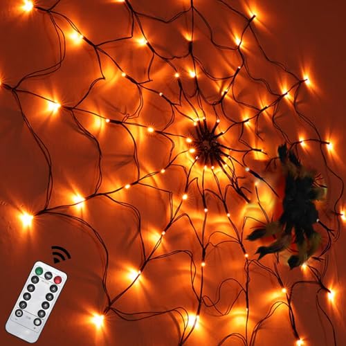 APODESS Spinnweben Halloween Spinnennetz Led Wasserdicht Riesen Spinne Halloween Deko Outdoor Gruselig Gartendeko Halloween Lichterkette mit Fernbedienung (8 Modi &...