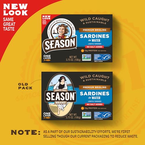 Image of Season Brisling Sardines in Water No Salt Added, 3.75 Oz Tins, 6-Pack | Wild Caught, 13g of Protein, Keto Snacks, More Omega 3's Than Tuna, Kosher, High in Calcium, Canned Sardines, One Layer