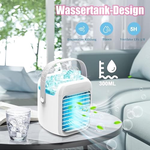 Klimaanlage Mobil 3-in-1 Mini Ventilator Leise, Mobile Klimaanlage ohne Abluftschlauch 3 Geschwindigkeiten 7 Farben Nachtlicht Einstellbare Windrichtung, Ventilator mit Sprühen für Schlafzimmer Büro