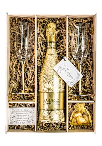 Prosecco Gift Set Hamper With Matching Gold Stem Champagne Flutes,