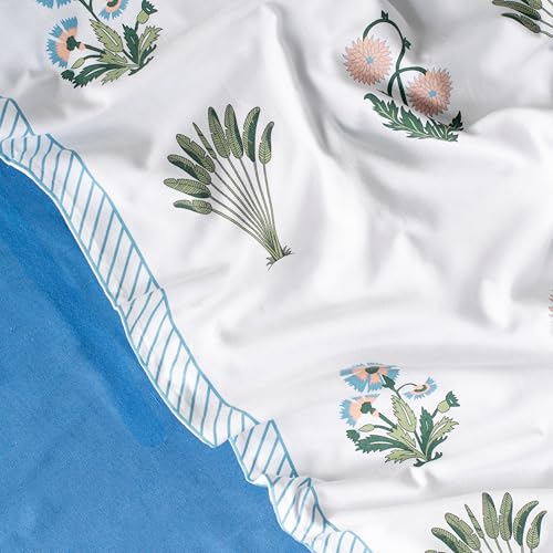 Image of Tranquebar Curtain Co. Window Curtains 5 Feet, 60-65% Room Darkening, Blue Ethnic Curtains Palms Print, Cotton Curtains for Window, Cotton Curtains 5 Feet Set of 3, BackTabs, Bagh Blue Combo (152 cm)
