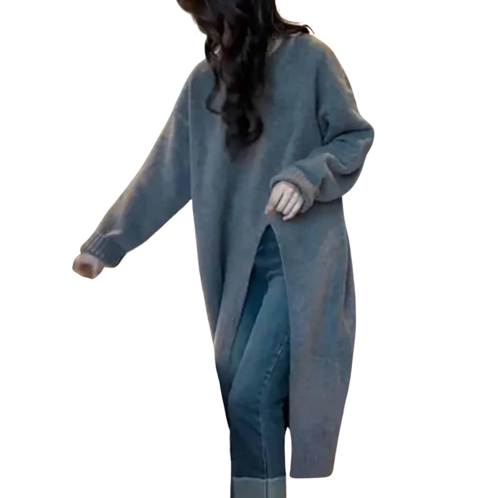 Side Slit Knitted Pullover Dress for Women Irregular Slimming Knee-Length Long Skirt Sweater