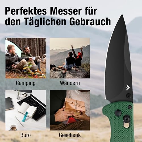 FLISSA Taschenmesser Klappmesser, 14C28N Edelstahl, Scharfes Outdoor Messer mit CNC-Geschliffenem, Schwarzem Titanbeschichtung, EDC Messer mit Taschenclip, für Alltag, Outdoor, Camping, Grün